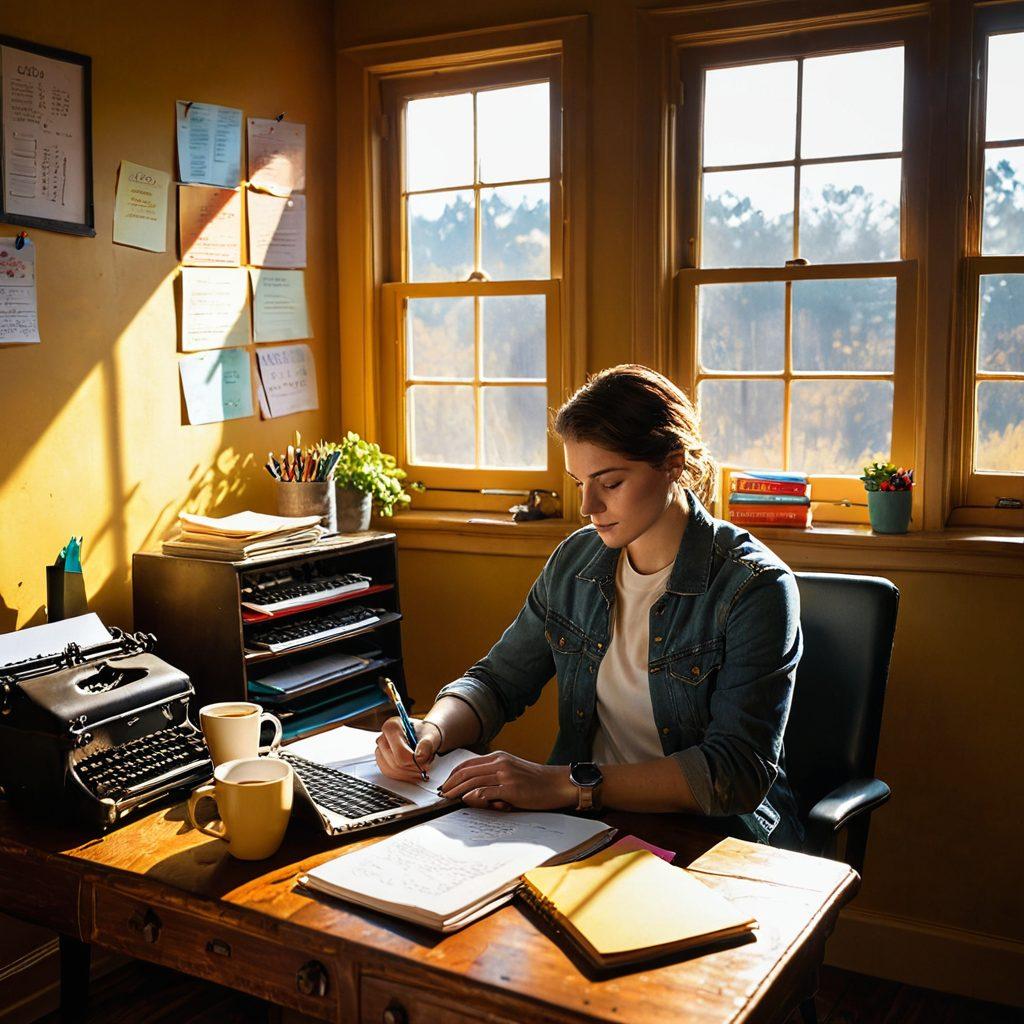 A passionate writer sitting at a vintage wooden desk, surrounded by colorful notebooks, an open laptop, and a steaming cup of coffee, illuminated by warm sunlight filtering through a nearby window. The space is filled with inspirational quotes on the wall, vivid colors splashed around, and a creative atmosphere. The writer is lost in thought, fingers poised above the keyboard, ready to compose. super-realistic. vibrant colors. warm lighting.