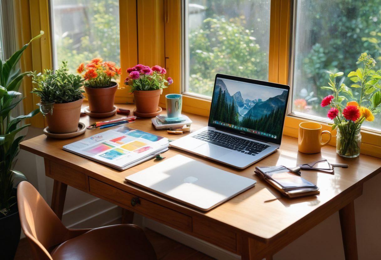 A bright and inviting workspace filled with art supplies, a laptop displaying a vibrant blog layout, and a cozy corner with a steaming cup of coffee. Include elements of nature through a window, with warm sunlight pouring in, inspiring creativity. The scene should radiate a sense of motivation and joy for blogging. super-realistic. vibrant colors. warm tones.
