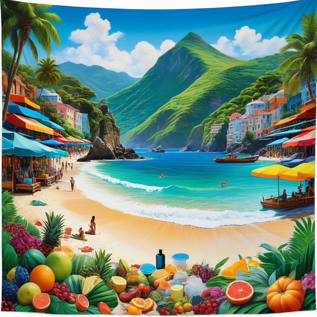 A collage of vibrant travel scenes, including a tranquil beach, lush mountains, and a bustling city market, seamlessly blending into wellness elements like a serene yoga pose, aromatic essential oils, and fresh fruits. This fusion symbolizes the journey from adventure to well-being, capturing the essence of a unique blogging niche. Bright colors and a sense of movement enhance the lively atmosphere. super-realistic. vibrant colors. 3D.
